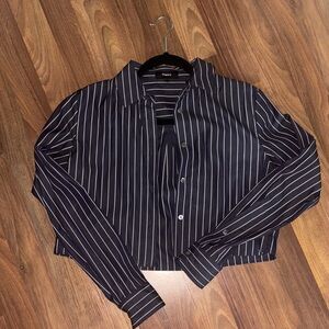 Theory Navy Pinstripe Cropped Button-Down Shirt – Fits a Petite or XS